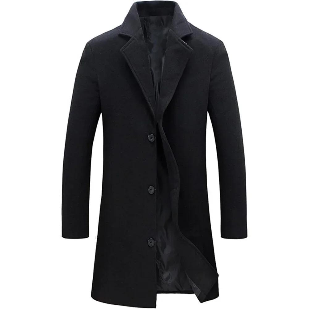 Men's Black Wool Blend Pea Coat Notched Collar Single Breasted Overcoat